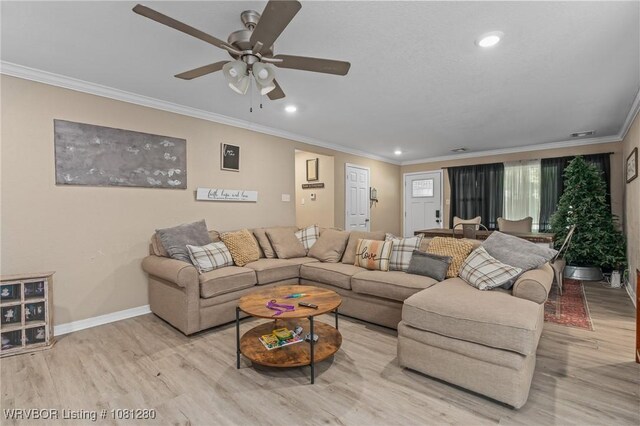 2128 N 53rd St, Fort Smith, AR 72904 - living room with light wood-style flooring, crown molding, a ceiling fan, baseboards, and recessed lighting