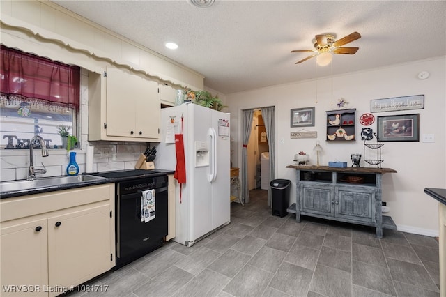 406 Hamilton St, Poteau, OK 74953 - kitchen featuring white refrigerator with ice dispenser, dishwasher, dark countertops, a ceiling fan, and a textured ceiling
