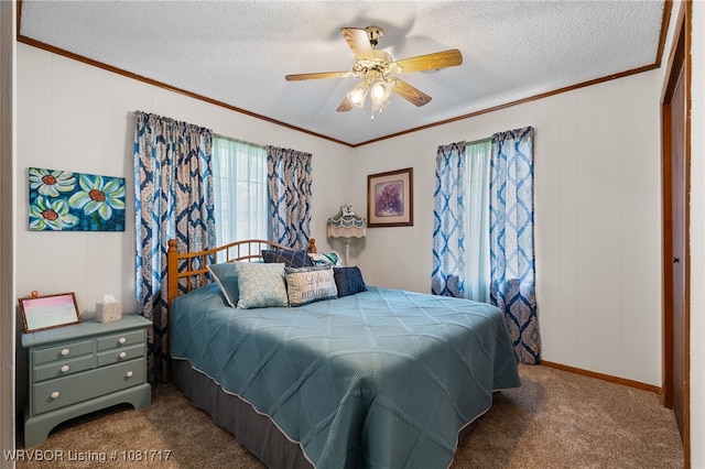 406 Hamilton St, Poteau, OK 74953 - bedroom with carpet, ornamental molding, a ceiling fan, and a textured ceiling