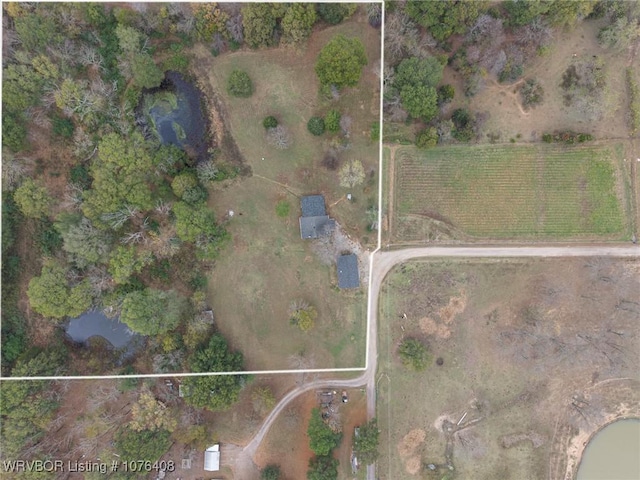 bird's eye view featuring a rural view and a water view