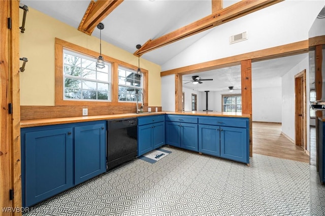 kitchen featuring ceiling fan, sink, blue cabinetry, dishwasher, and hanging light fixtures