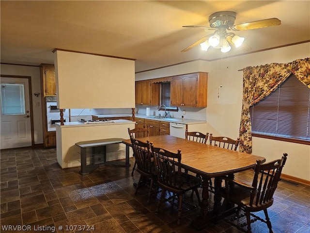 dining space featuring ceiling fan, crown molding, and sink