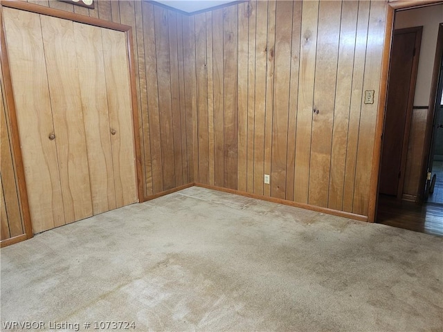 interior space featuring wood walls and carpet floors