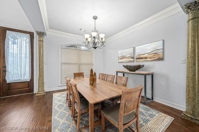 8815 Lakeside Way, Fort Smith, AR 72903 - dining room featuring a chandelier, ornamental molding, dark wood-type flooring, baseboards, and ornate columns