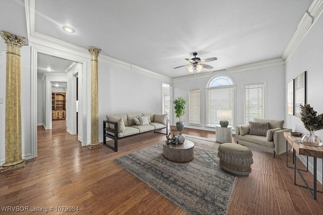 8815 Lakeside Way, Fort Smith, AR 72903 - living area featuring ornamental molding, ceiling fan, dark wood-style floors, baseboards, and ornate columns