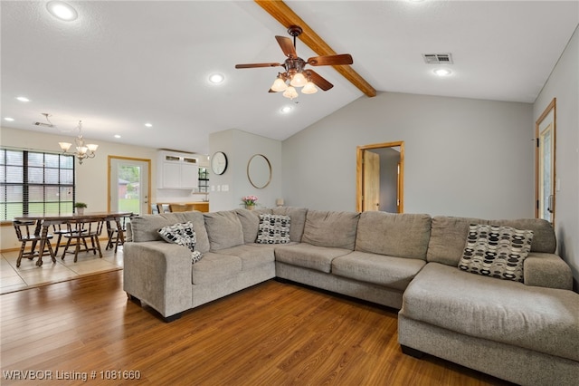 103 Bowlin Dr, Poteau, OK 74953 - living room with wood finished floors, a ceiling fan, a chandelier, and recessed lighting