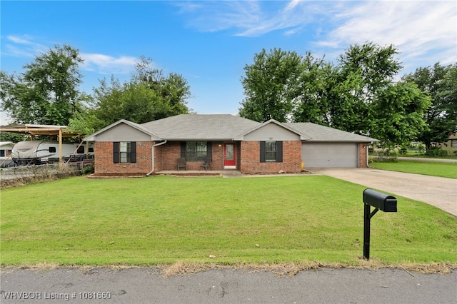 103 Bowlin Dr, Poteau, OK 74953 - ranch-style home with brick siding, concrete driveway, an attached garage, a porch, and a front lawn