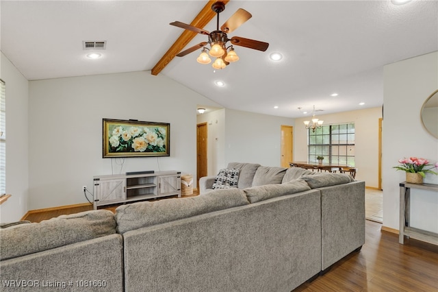 103 Bowlin Dr, Poteau, OK 74953 - living room featuring a chandelier, a ceiling fan, wood finished floors, and recessed lighting