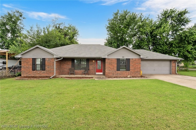 103 Bowlin Dr, Poteau, OK 74953 - ranch-style house with brick siding, driveway, an attached garage, and a porch