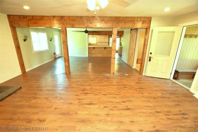 98926 S 4610th Rd, Marble City, OK 74945 - unfurnished living room with a ceiling fan, wood finished floors, and recessed lighting