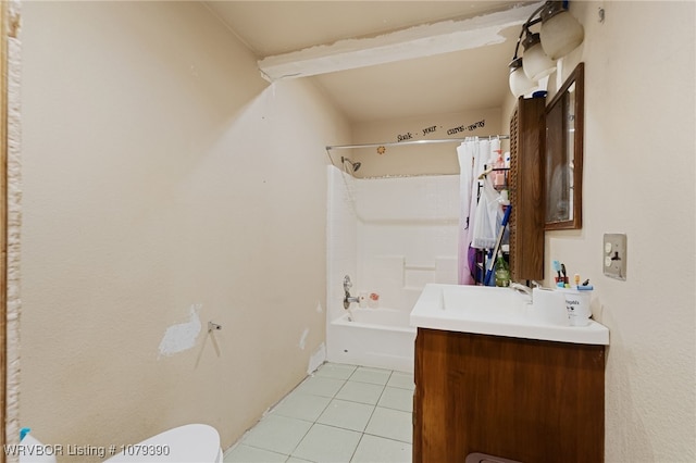 full bathroom with toilet, shower / tub combo, tile patterned flooring, and vanity