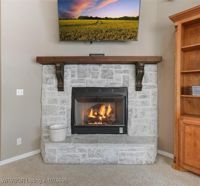 details featuring a stone fireplace and carpet