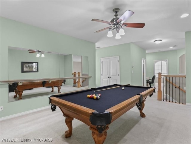 game room featuring pool table, light colored carpet, and ceiling fan