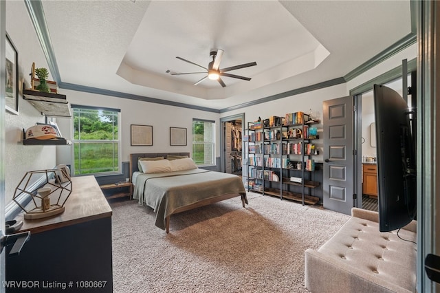 carpeted bedroom with crown molding and a raised ceiling