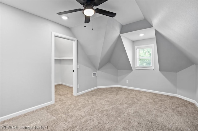 179 E Grove St, Magazine, AR 72943 - additional living space featuring carpet floors, vaulted ceiling, and a ceiling fan