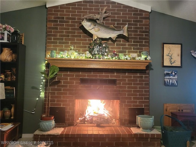 interior details featuring a brick fireplace