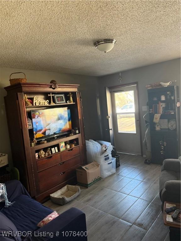 living room with a textured ceiling