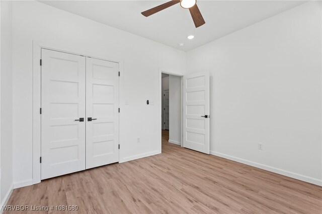 9005 Carson Way, Fort Smith, AR 72908 - unfurnished bedroom with light wood finished floors, baseboards, a closet, a ceiling fan, and recessed lighting