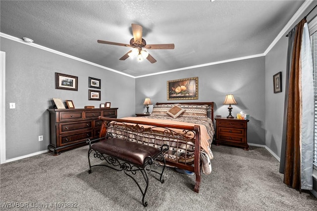 bedroom with baseboards, crown molding, carpet flooring, and a textured ceiling