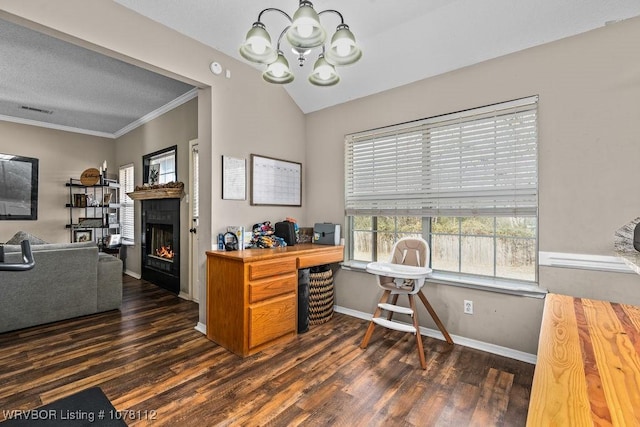 home office with dark hardwood / wood-style flooring, ornamental molding, and a chandelier