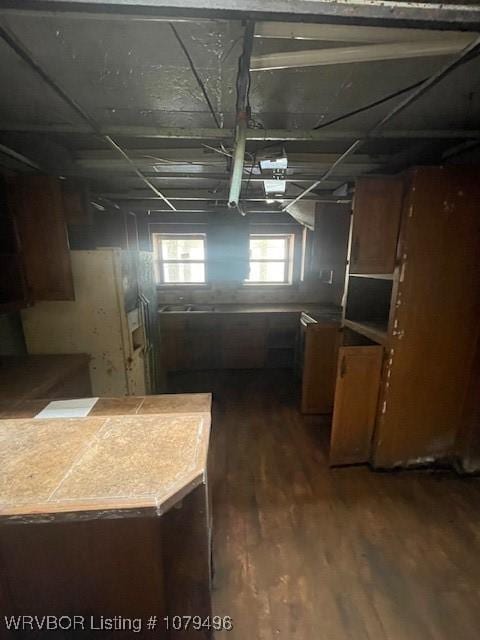 basement featuring dark wood-style flooring