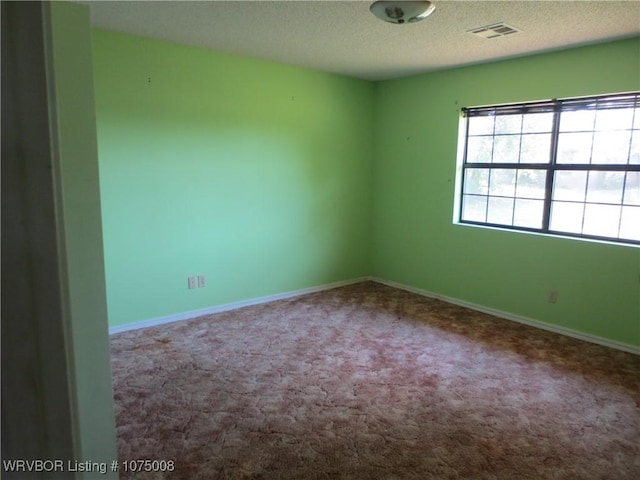 spare room featuring carpet flooring and a textured ceiling