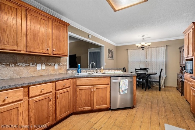 kitchen featuring sink, light hardwood / wood-style flooring, stainless steel dishwasher, tasteful backsplash, and a chandelier