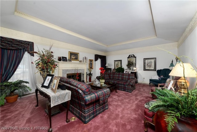 living room with a tray ceiling and carpet