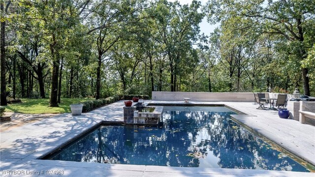 view of swimming pool featuring a diving board and a patio area