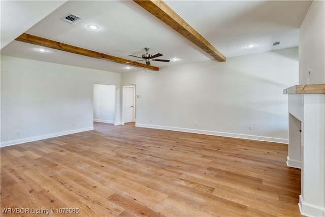 unfurnished living room with visible vents, ceiling fan, beam ceiling, and light wood-type flooring