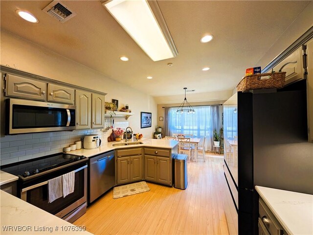 kitchen featuring decorative backsplash, stainless steel appliances, sink, pendant lighting, and a chandelier