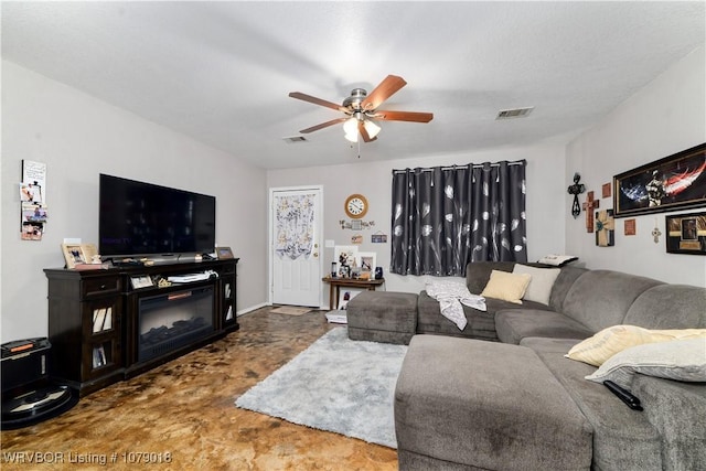 living room with ceiling fan