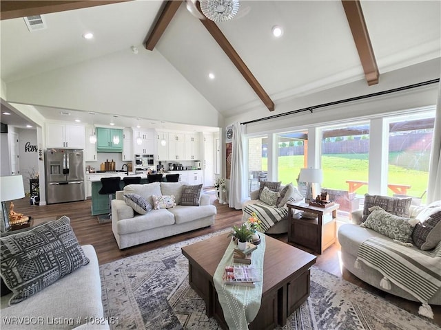 6800 Providence Way, Fort Smith, AR 72916 - living area featuring high vaulted ceiling, beam ceiling, dark wood finished floors, and recessed lighting