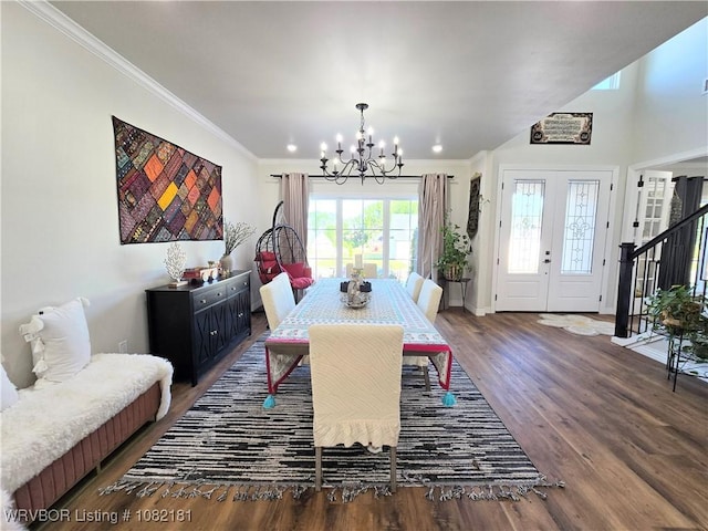 6800 Providence Way, Fort Smith, AR 72916 - dining area with a chandelier, wood finished floors, stairs, and crown molding