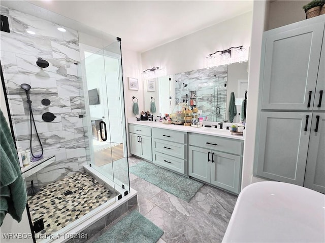 6800 Providence Way, Fort Smith, AR 72916 - bathroom featuring marble look tile flooring, a marble finish shower, double vanity, and a soaking tub
