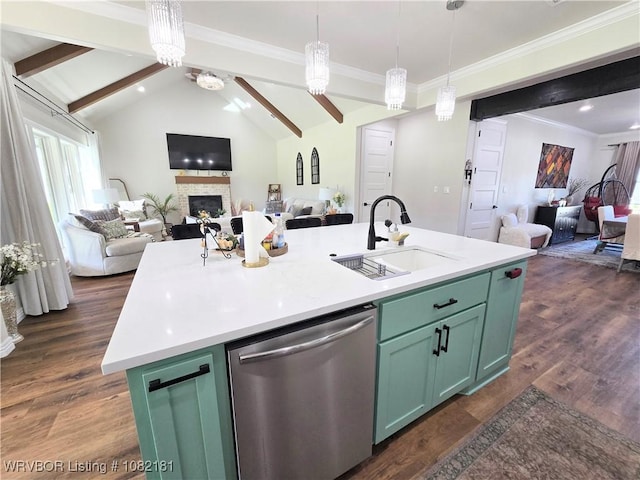 6800 Providence Way, Fort Smith, AR 72916 - kitchen featuring open floor plan, dishwasher, green cabinetry, a fireplace, and light countertops