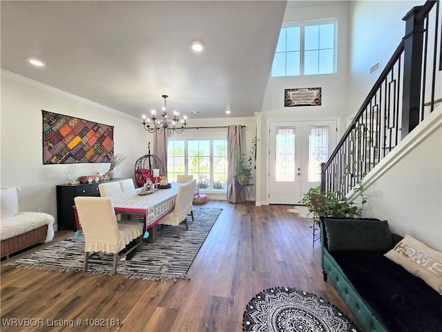 6800 Providence Way, Fort Smith, AR 72916 - dining room featuring a chandelier, wood finished floors, stairs, ornamental molding, and recessed lighting