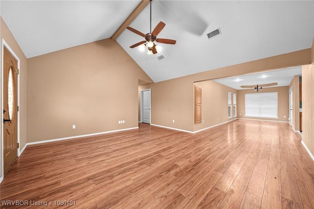 unfurnished living room featuring baseboards, visible vents, beam ceiling, ceiling fan, and light wood finished floors