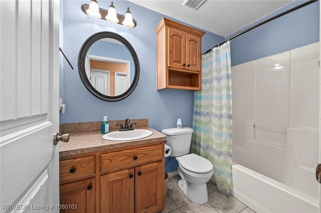bathroom with shower / bath combo, visible vents, toilet, vanity, and tile patterned floors