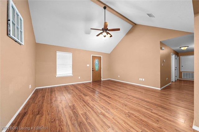 unfurnished living room featuring light wood-style flooring, ceiling fan, beam ceiling, and visible vents