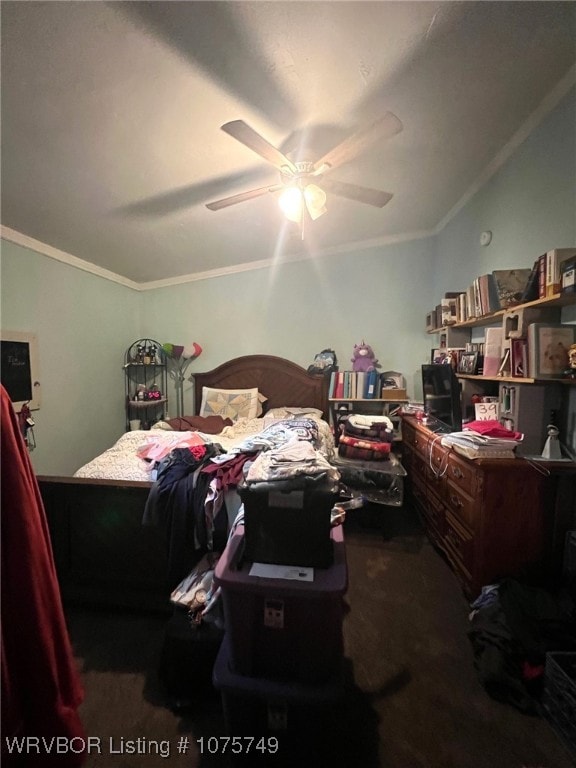 carpeted bedroom featuring ceiling fan and ornamental molding