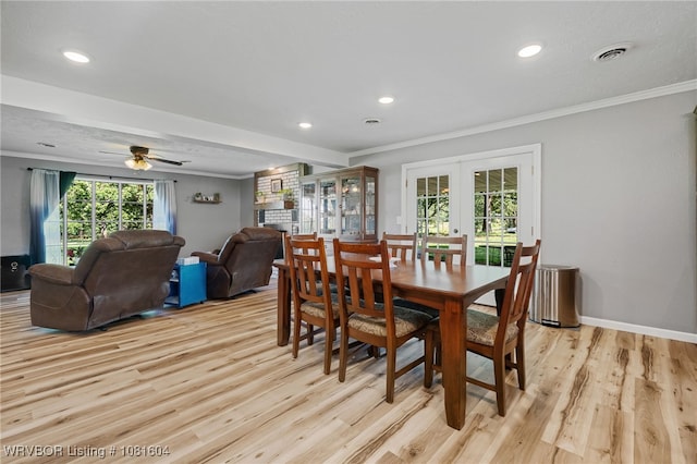 306 Dillon Cir, Pocola, OK 74902 - dining space with light wood-type flooring, crown molding, french doors, recessed lighting, and ceiling fan