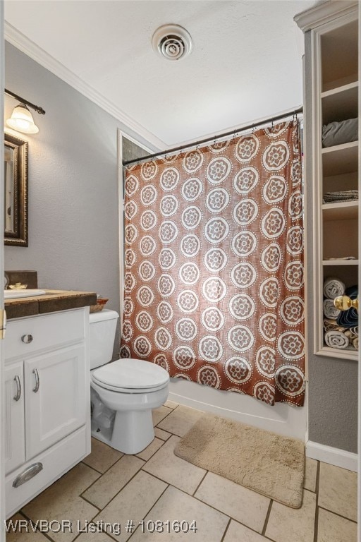 306 Dillon Cir, Pocola, OK 74902 - full bath with vanity, toilet, crown molding, curtained shower, and tile patterned floors