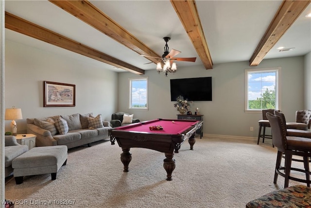 4504 Ridge Rd, Alma, AR 72921 - playroom with a ceiling fan, pool table, carpet flooring, and beam ceiling