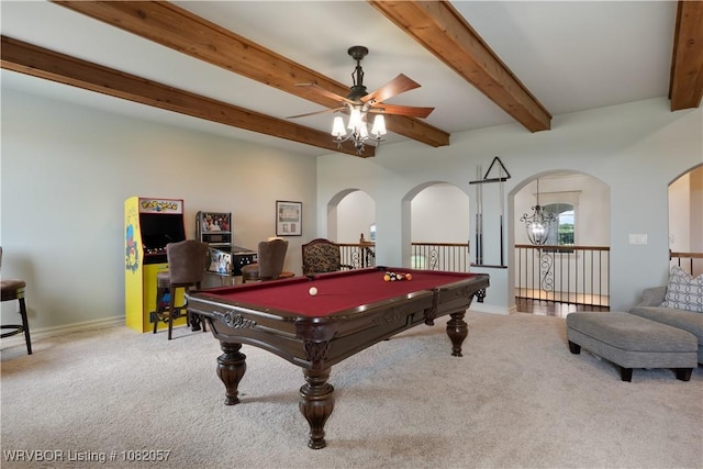 4504 Ridge Rd, Alma, AR 72921 - playroom featuring carpet, a ceiling fan, billiards table, beamed ceiling, and arched walkways