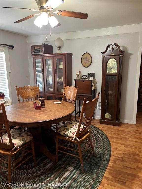 dining room with ceiling fan and light hardwood / wood-style flooring