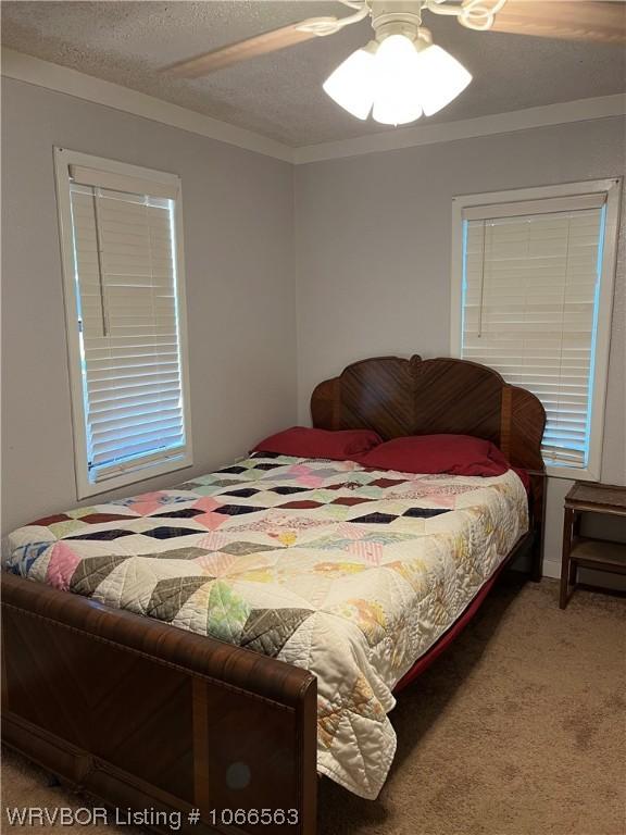 bedroom with carpet flooring, ceiling fan, crown molding, and a textured ceiling