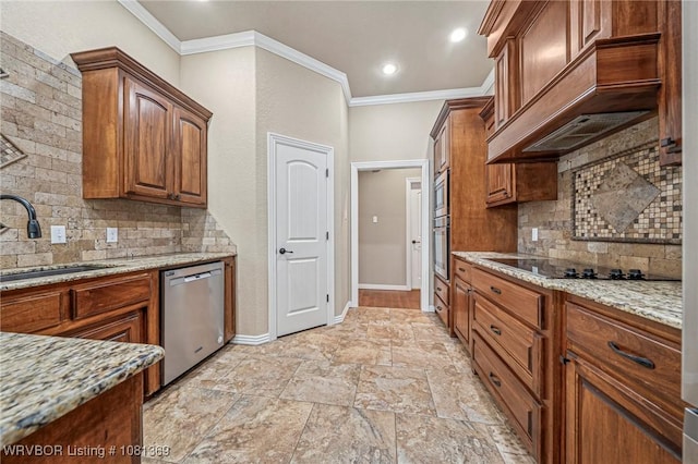937 Forrest Park Way, Greenwood, AR 72936 - kitchen with appliances with stainless steel finishes, ornamental molding, a sink, backsplash, and light stone countertops