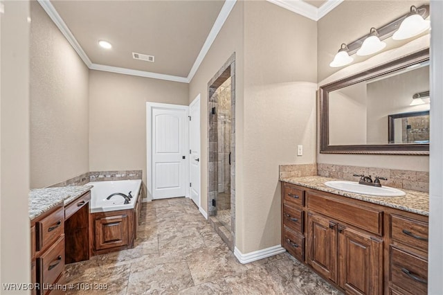 937 Forrest Park Way, Greenwood, AR 72936 - full bathroom featuring a shower stall, crown molding, vanity, a bath, and baseboards