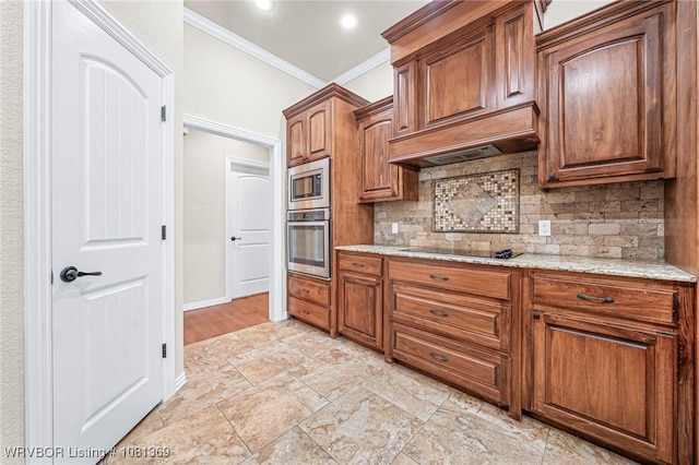 937 Forrest Park Way, Greenwood, AR 72936 - kitchen with appliances with stainless steel finishes, crown molding, backsplash, light stone counters, and stone tile floors